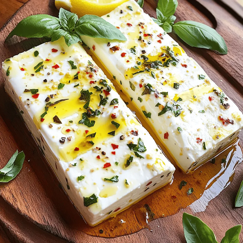 - 8 oz block of feta cheese (or mozzarella balls) - 1/2 cup extra virgin olive oil - 2 cloves garlic, crushed