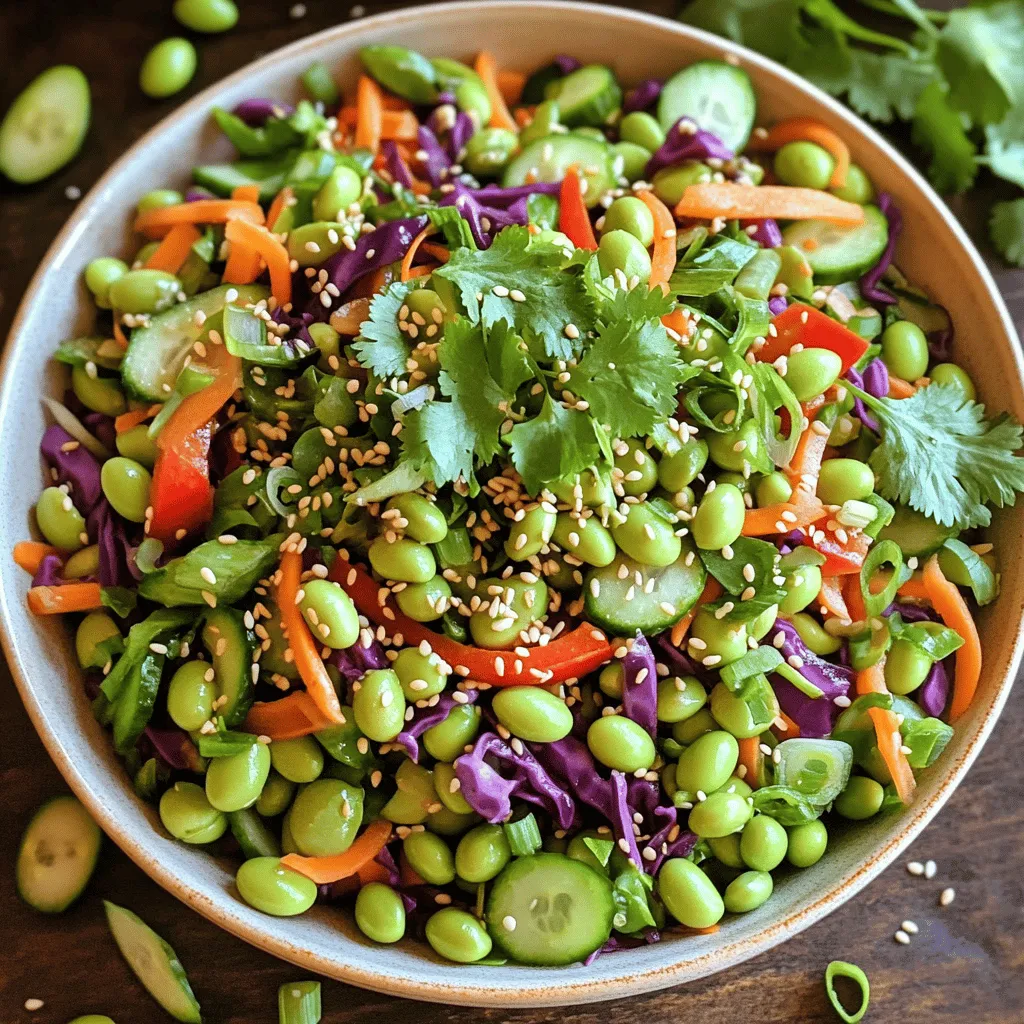 - 2 cups shelled edamame (fresh or frozen) - 1 cup shredded carrots - 1 red bell pepper, finely chopped - 1 cup purple cabbage, thinly sliced - 1 small cucumber, diced - 3 green onions, chopped - 1/4 cup chopped fresh cilantro - 1/4 cup toasted sesame seeds