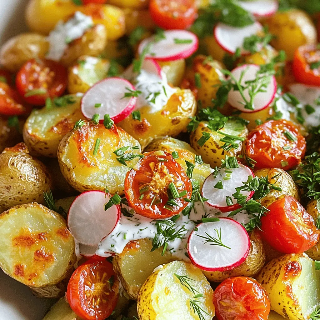 To make crispy herb smashed potato salad, you need simple, fresh ingredients. Start with 1.5 pounds of baby potatoes or Yukon Gold potatoes. These potatoes work well because they are creamy and hold their shape. You will also need olive oil, sea salt, black pepper, and garlic powder to season the potatoes.