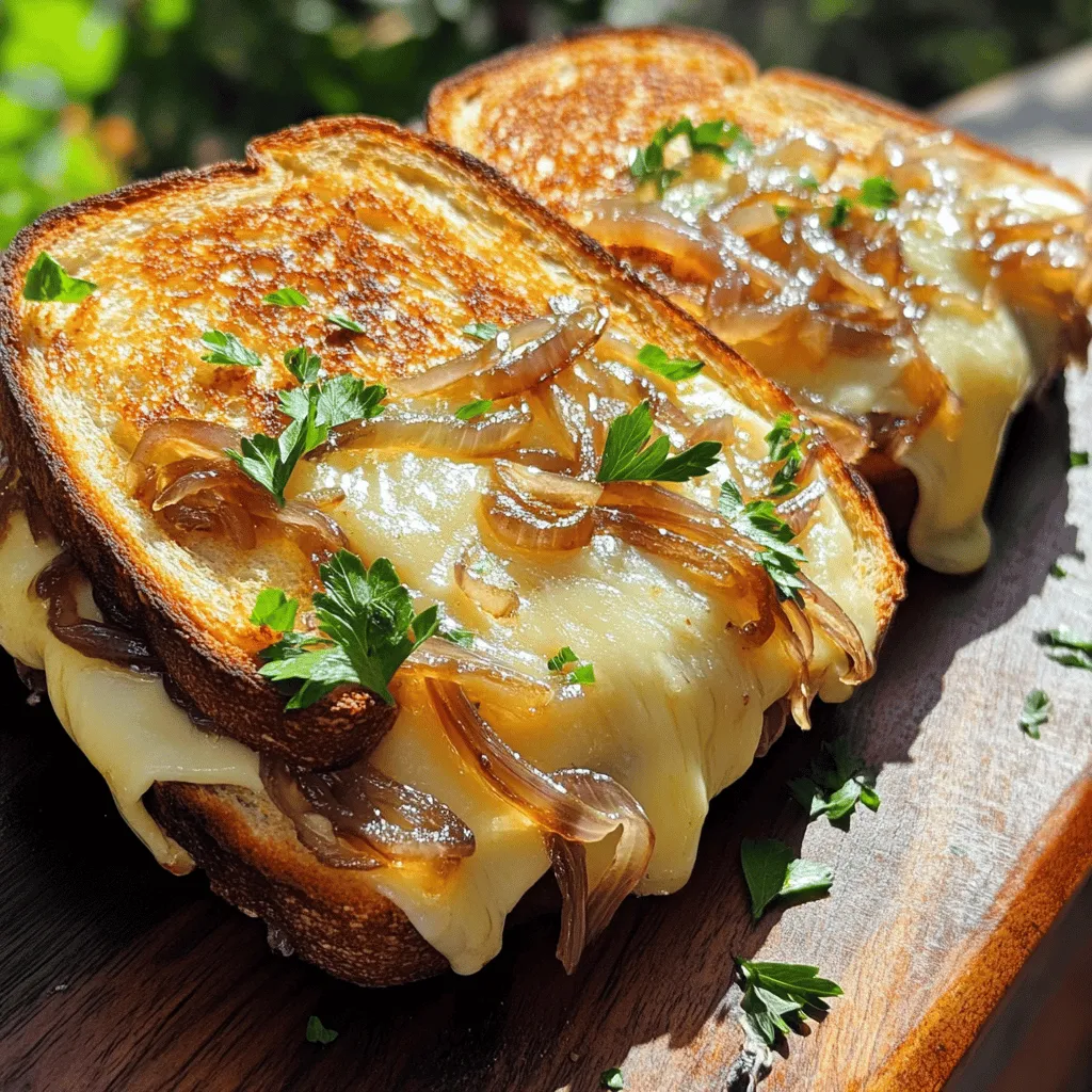 - 4 slices of sourdough bread - 2 cups yellow onions, thinly sliced - 1 cup gruyère cheese, grated - 1 cup sharp cheddar cheese, grated