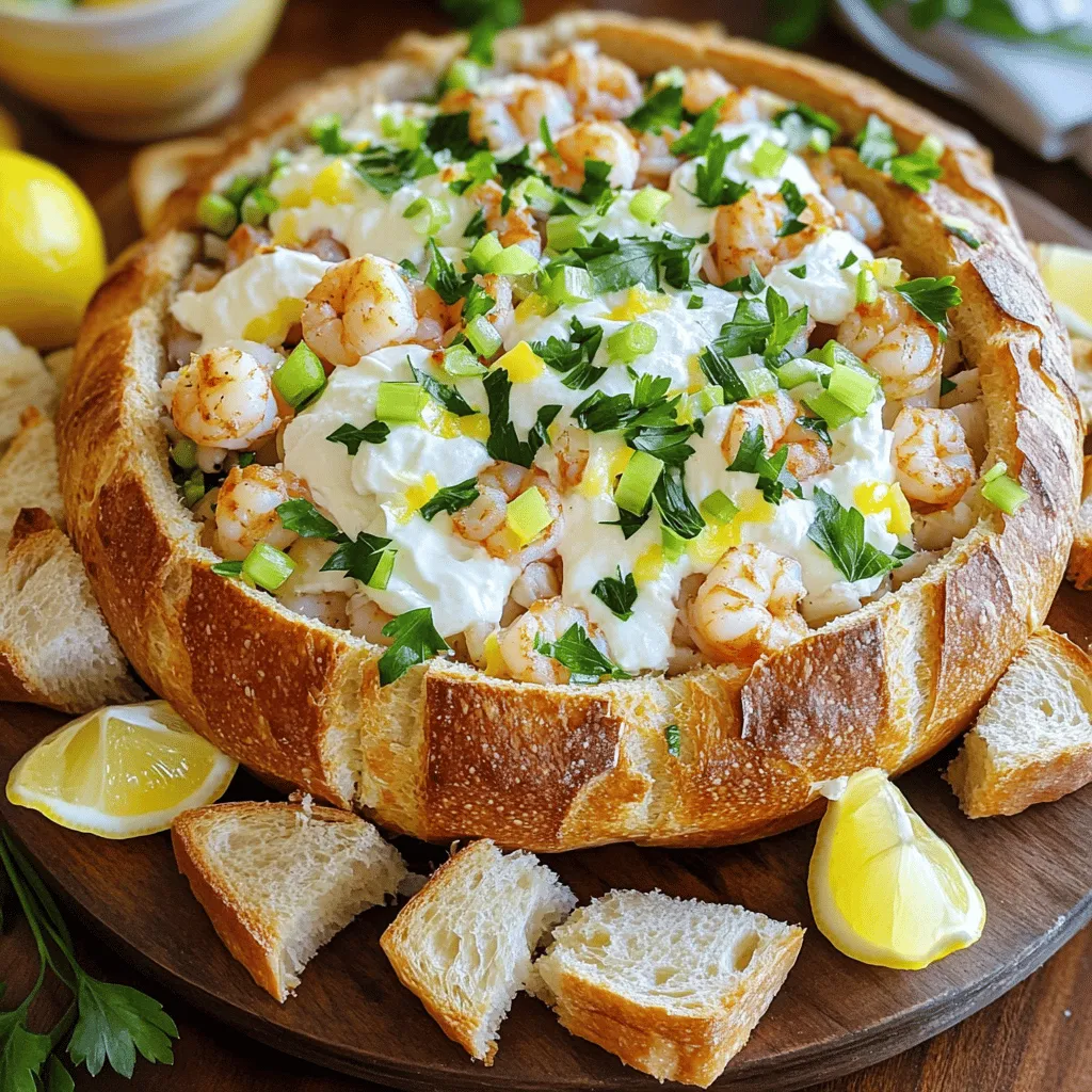 To make a stuffed seafood bread bowl, you need the following key items: - 1 large round sourdough bread loaf - 1 cup cooked shrimp, diced - 1 cup cooked crab meat - 1 cup cream cheese, softened - ½ cup mayonnaise - 1 tablespoon Dijon mustard - 1 tablespoon lemon juice - 1 teaspoon Old Bay seasoning - 1 teaspoon garlic powder - ½ cup shredded mozzarella cheese - ¼ cup chopped green onions - ¼ cup chopped fresh parsley - Salt and pepper to taste