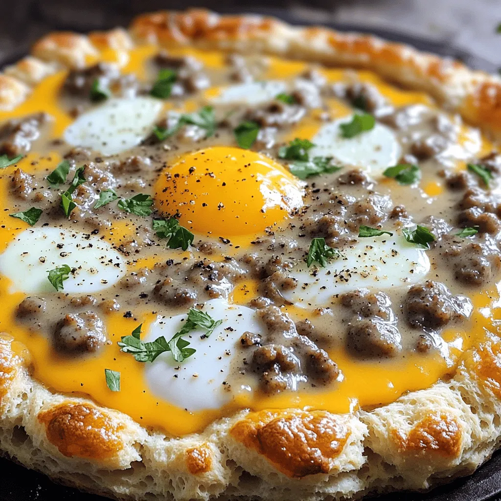 The biscuits and sausage gravy breakfast pizza recipe is built on simple yet rich ingredients. Here are the key components: