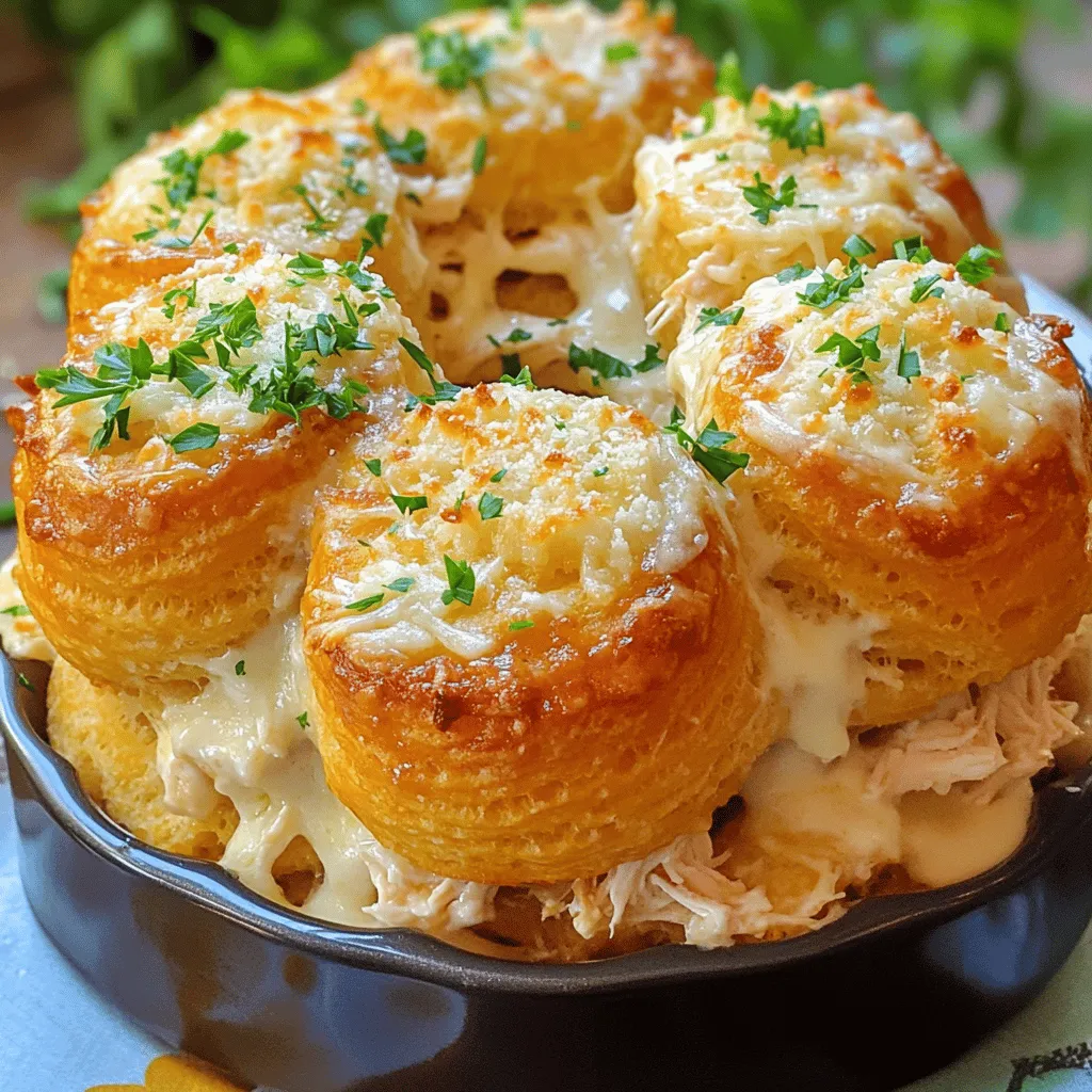 To make Chicken Alfredo Monkey Bread, you need a few key ingredients. First, you will use cooked chicken. I prefer shredded chicken for easier mixing. You need about 2 cups.