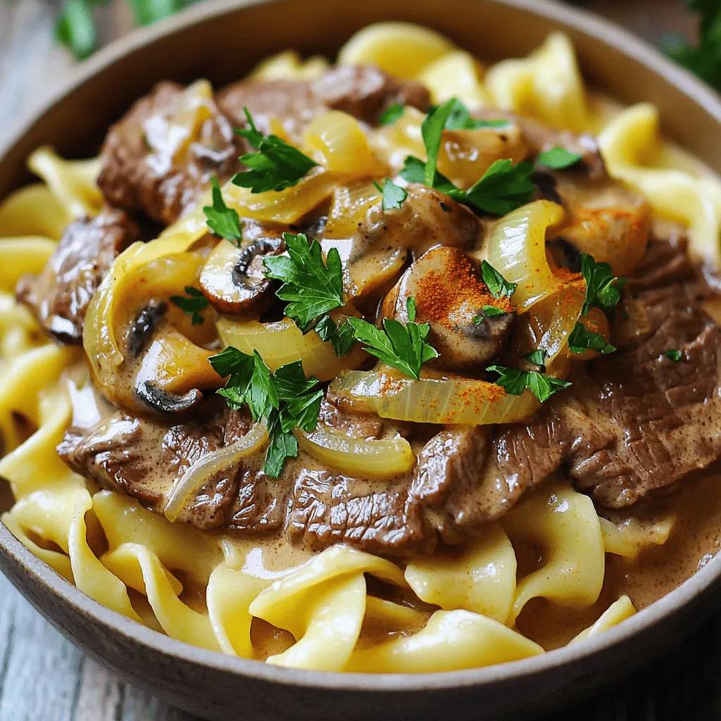 For a great Beef Stroganoff, gather these main ingredients: - 1 lb flank steak or sirloin, thinly sliced - 2 tablespoons olive oil - 1 medium onion, finely chopped - 2 cloves garlic, minced - 8 oz mushrooms, sliced (cremini or button) - 1 teaspoon paprika - 1 tablespoon Worcestershire sauce - 1 cup beef broth - 1 cup sour cream - 2 tablespoons flour - Salt and pepper to taste - Fresh parsley, chopped, for garnish - 8 oz egg noodles (or pasta of your choice)