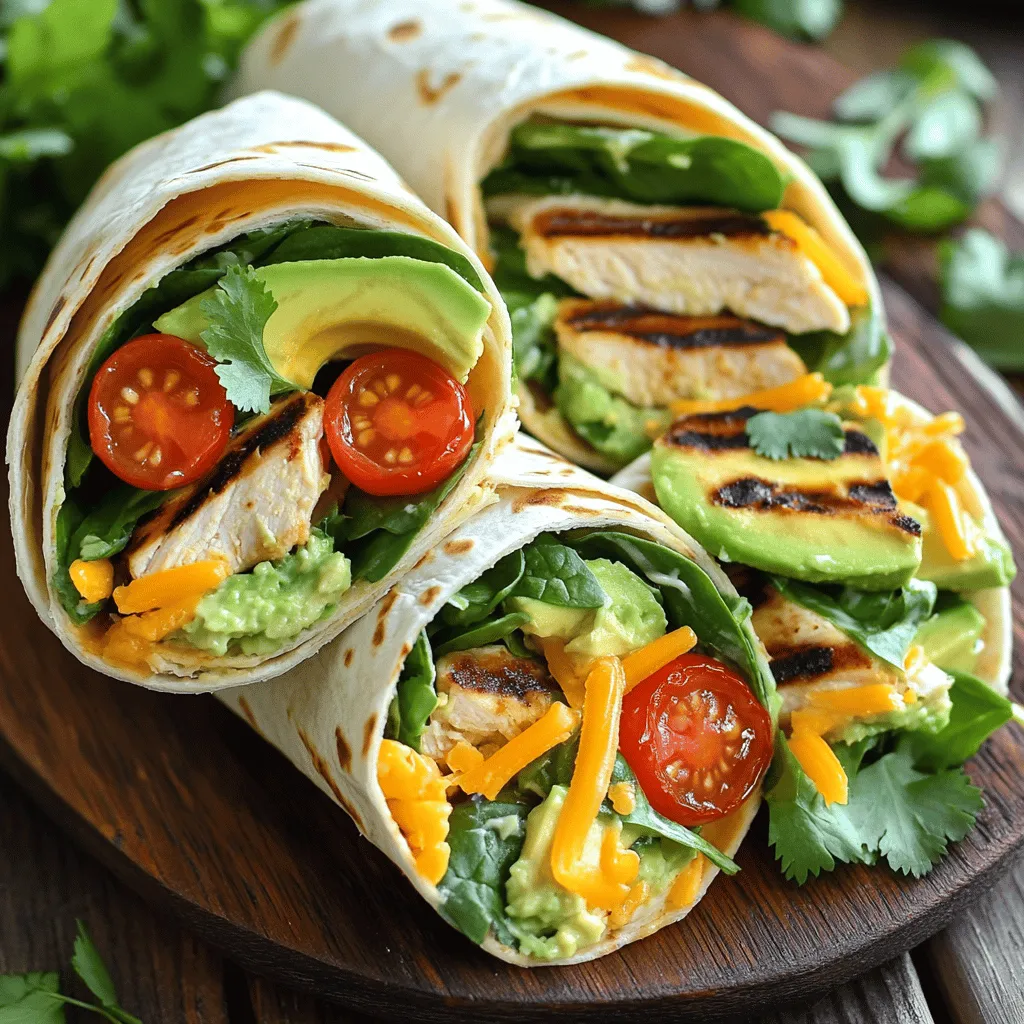 - 2 boneless, skinless chicken breasts - 4 large flour tortillas - 1 ripe avocado, sliced - 1 cup baby spinach - ½ cup ranch dressing