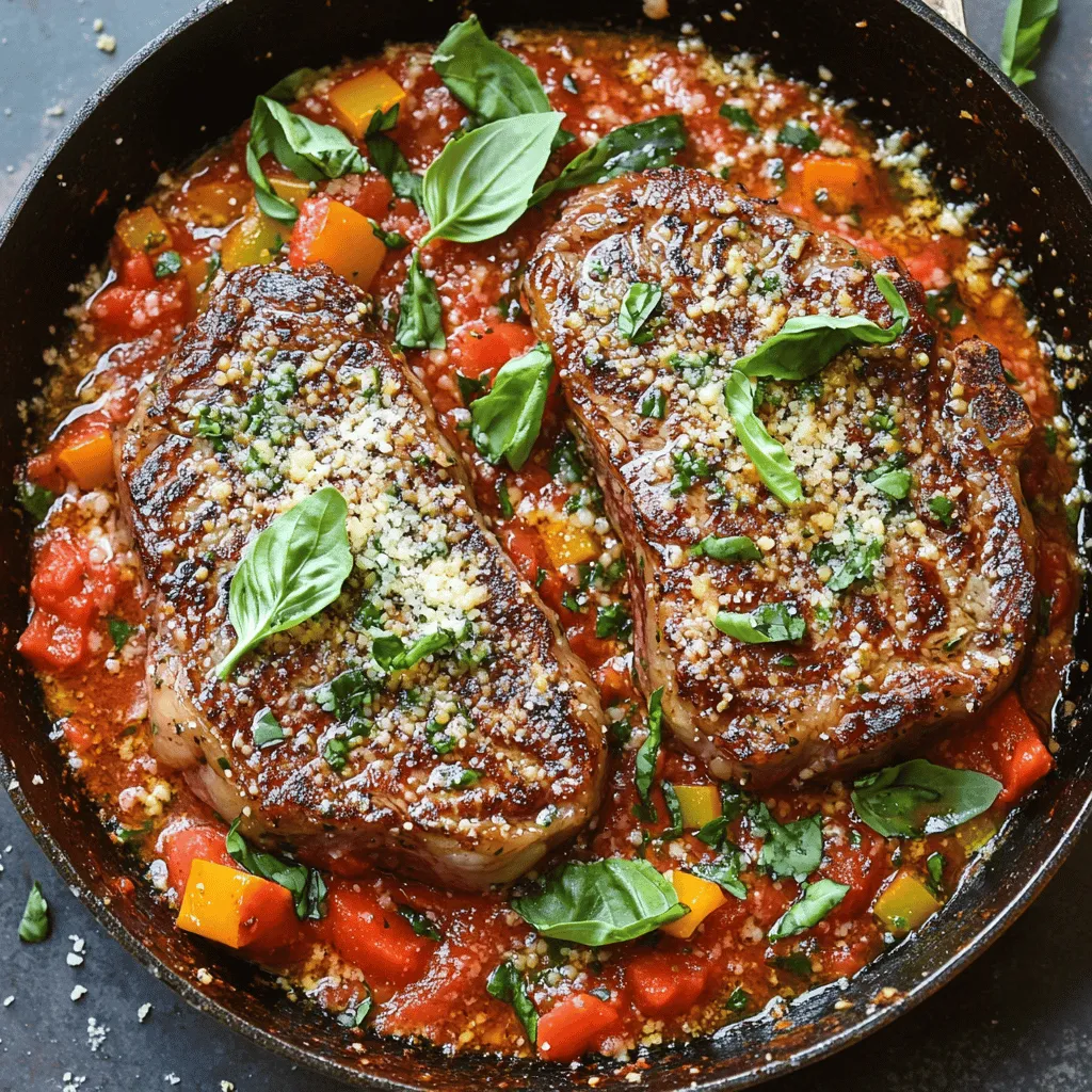 What essential ingredients make up Steak Pizzaiola? Steak Pizzaiola features thick-cut sirloin steaks, crushed tomatoes, garlic, and bell peppers. You also need olive oil, onions, and Italian herbs. Salt and black pepper add flavor too. These items create a savory dish that is both hearty and satisfying.