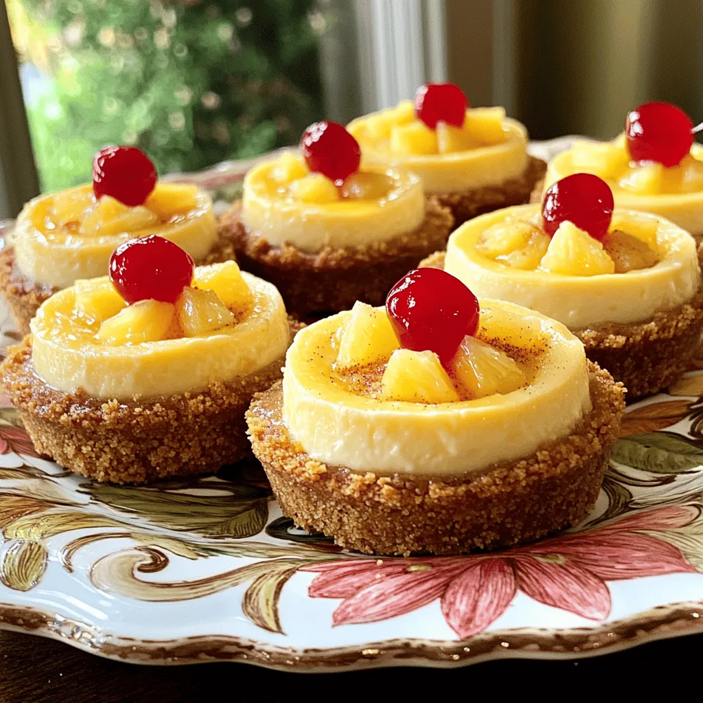 To make these tasty treats, you need a few key ingredients: - 1 cup graham cracker crumbs - 1/4 cup unsalted butter, melted - 2 tablespoons sugar - 8 oz cream cheese, softened - 1/2 cup powdered sugar - 1 teaspoon vanilla extract - 1 cup crushed pineapple, drained - 1/4 cup sour cream - 1/2 teaspoon ground cinnamon - 12 maraschino cherries, for garnish