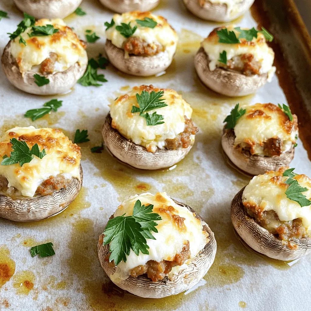 - 20 large white mushrooms - 1 cup Italian sausage - 1/2 cup cream cheese - 1/2 cup shredded mozzarella cheese