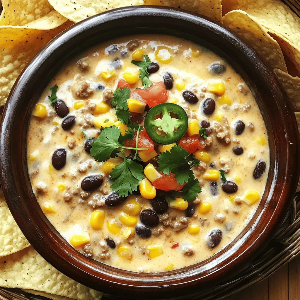 To make the best cowboy queso, you need rich and bold ingredients. Start with ground beef. It adds a hearty base. I love using a good blend of cheeses. You can’t go wrong with sharp cheddar and cream cheese. These cheeses melt well and give a creamy texture.