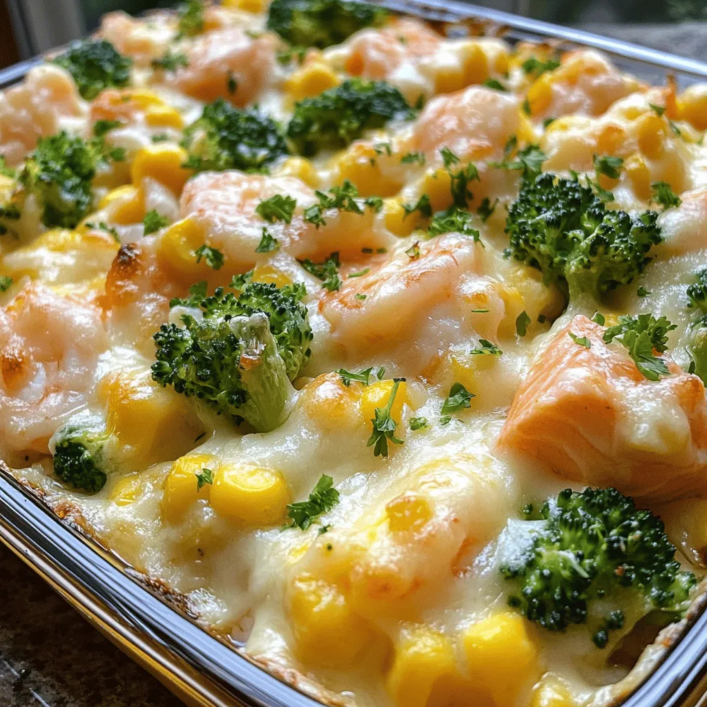 To make this dish, you need fresh salmon, shrimp, broccoli, and corn. First, let’s talk about salmon. Choose fillets that are bright pink and smell like the ocean. The flesh should be firm and moist. This ensures you get the best taste and texture.