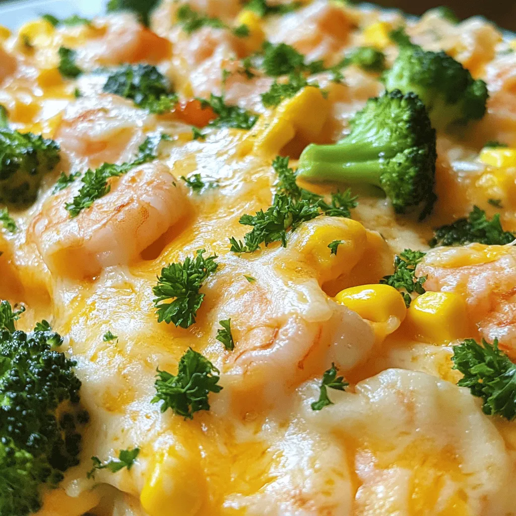 Salmon, Shrimp, Cheesy Broccoli with Corn Delight
