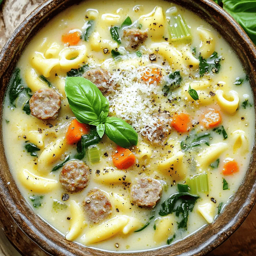 - 1 pound Italian sausage (sweet or spicy, casings removed) - 1 medium onion, diced - 3 cloves garlic, minced - 2 medium carrots, diced - 2 celery stalks, diced - 6 cups low-sodium chicken broth - 1 can (15 oz) diced tomatoes (with juices) - 1 cup ditalini pasta - 1 cup fresh spinach, chopped - 1 cup heavy cream - 1 cup grated Parmesan cheese - 2 teaspoons Italian seasoning - Salt and pepper to taste - Olive oil for sautéing - Fresh basil for garnish