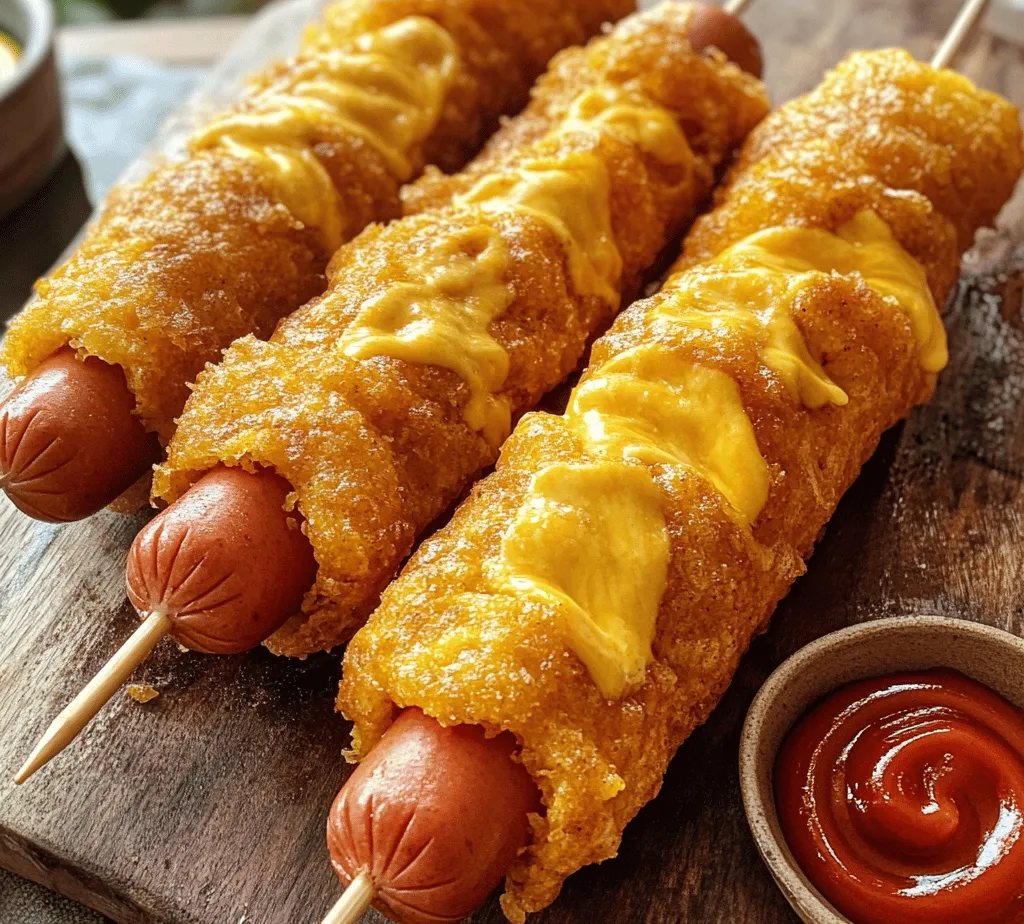 Deep-Dish Delight Corn Dogs are a delightful spin on the beloved classic fair food that brings joy to both young and old. Imagine biting into a golden, crispy batter that encases a juicy hot dog, with the added indulgence of melted cheddar cheese oozing out. This mouthwatering combination not only satisfies cravings but also serves as a fun and interactive dish for gatherings and celebrations. Whether you’re planning a backyard barbecue, a birthday party, or simply looking for a comforting snack, this recipe is easy to follow and perfect for any occasion.
