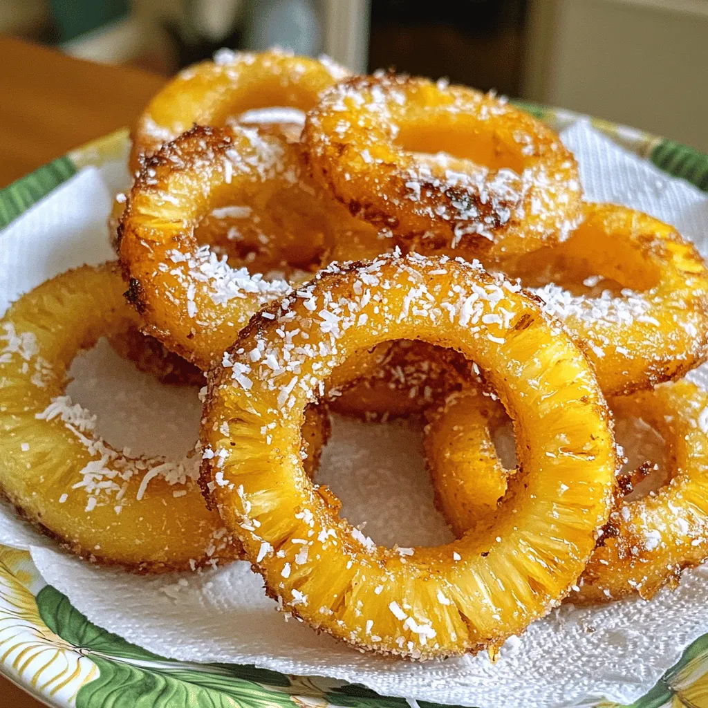 To make fried pineapple rings, you need a few key ingredients. The most important one is a fresh ripe pineapple. Look for one that is sweet and fragrant. You will also need all-purpose flour, baking powder, cinnamon, nutmeg, and water.