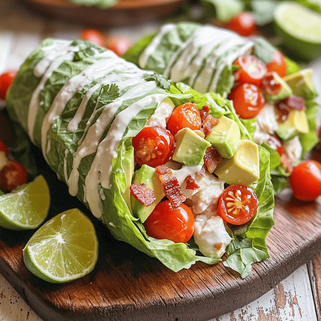 - 2 cups cooked chicken breast, shredded or diced - 4 slices crispy bacon, chopped - 1 large avocado, diced - 1 cup cherry tomatoes, halved - 1/2 cup mayonnaise - 1 tablespoon lime juice - 1 tablespoon Dijon mustard - Salt and pepper to taste - 1 tablespoon fresh cilantro, chopped (optional) - 1 head of romaine or butter lettuce, leaves separated