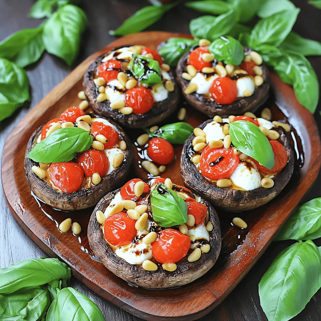 - 4 large portobello mushrooms - 1 cup cherry tomatoes, halved - 1 cup fresh mozzarella balls, halved - 1 cup fresh basil leaves, chopped - 2 tablespoons balsamic glaze - 2 tablespoons olive oil - 1 teaspoon garlic powder - Salt and pepper to taste - 1 tablespoon pine nuts, toasted (optional)