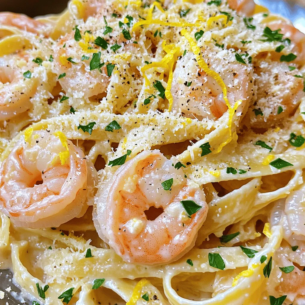 To make champagne shrimp pasta, you need a few key ingredients. First, you need 8 oz of fettuccine pasta. This pasta holds the sauce well and adds a nice texture. Next, 1 lb of large shrimp, peeled and deveined, brings a sweet flavor.
