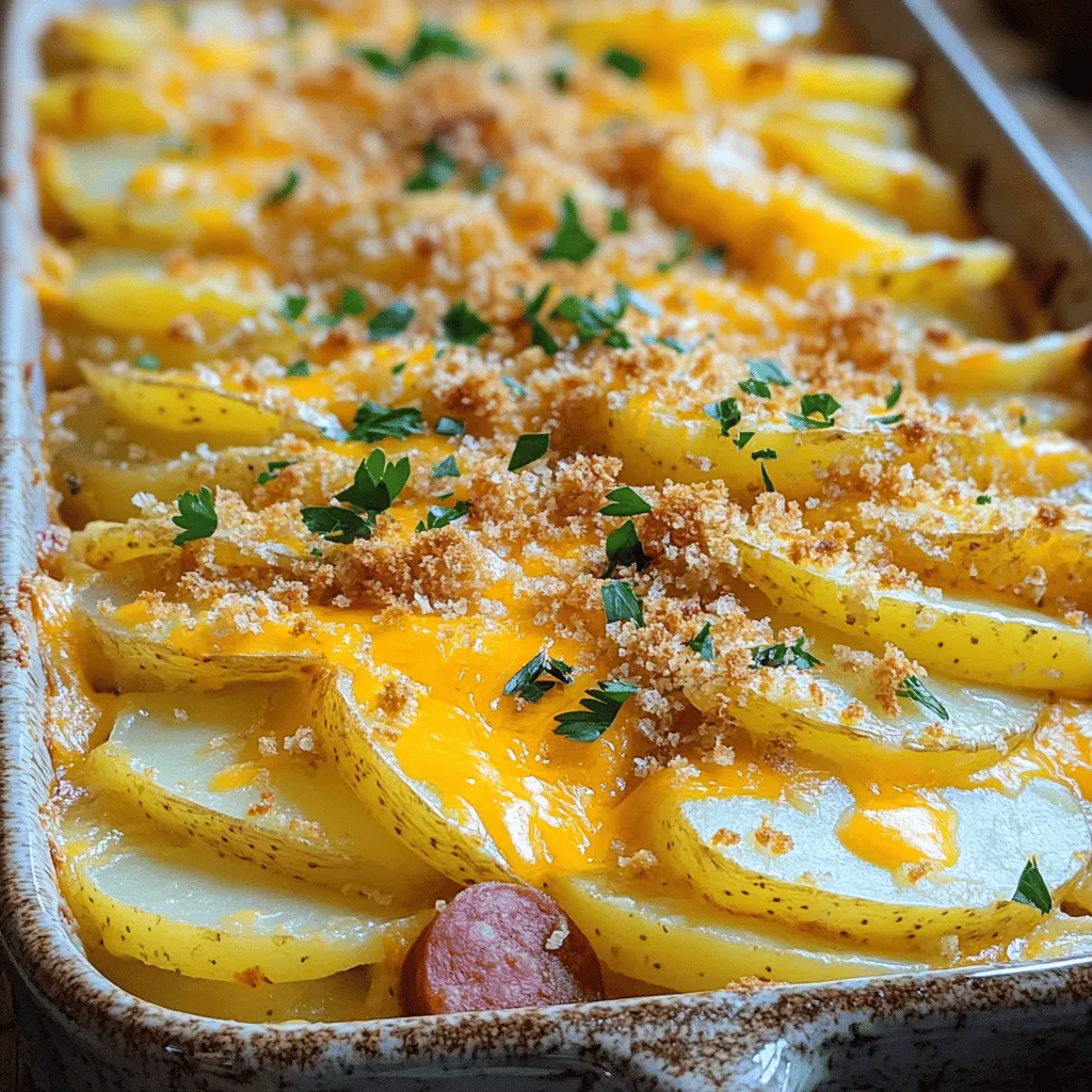 To make this tasty smoky kielbasa and cheesy potato casserole, gather these ingredients: - 1 lb smoky kielbasa, sliced - 4 medium russet potatoes, peeled and thinly sliced - 1 large onion, diced - 2 cloves garlic, minced - 2 cups shredded sharp cheddar cheese - 1 cup sour cream - 1 cup milk - 2 tablespoons olive oil - 1 teaspoon smoked paprika - 1 teaspoon black pepper - 1 teaspoon salt - 1/2 teaspoon dried thyme - 1/2 cup breadcrumbs (optional, for topping) - Fresh parsley, chopped (for garnish)