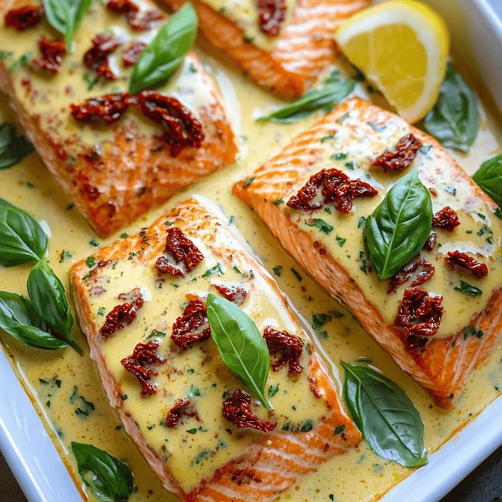 - Salmon fillets - Heavy cream - Sun-dried tomatoes - Fresh basil