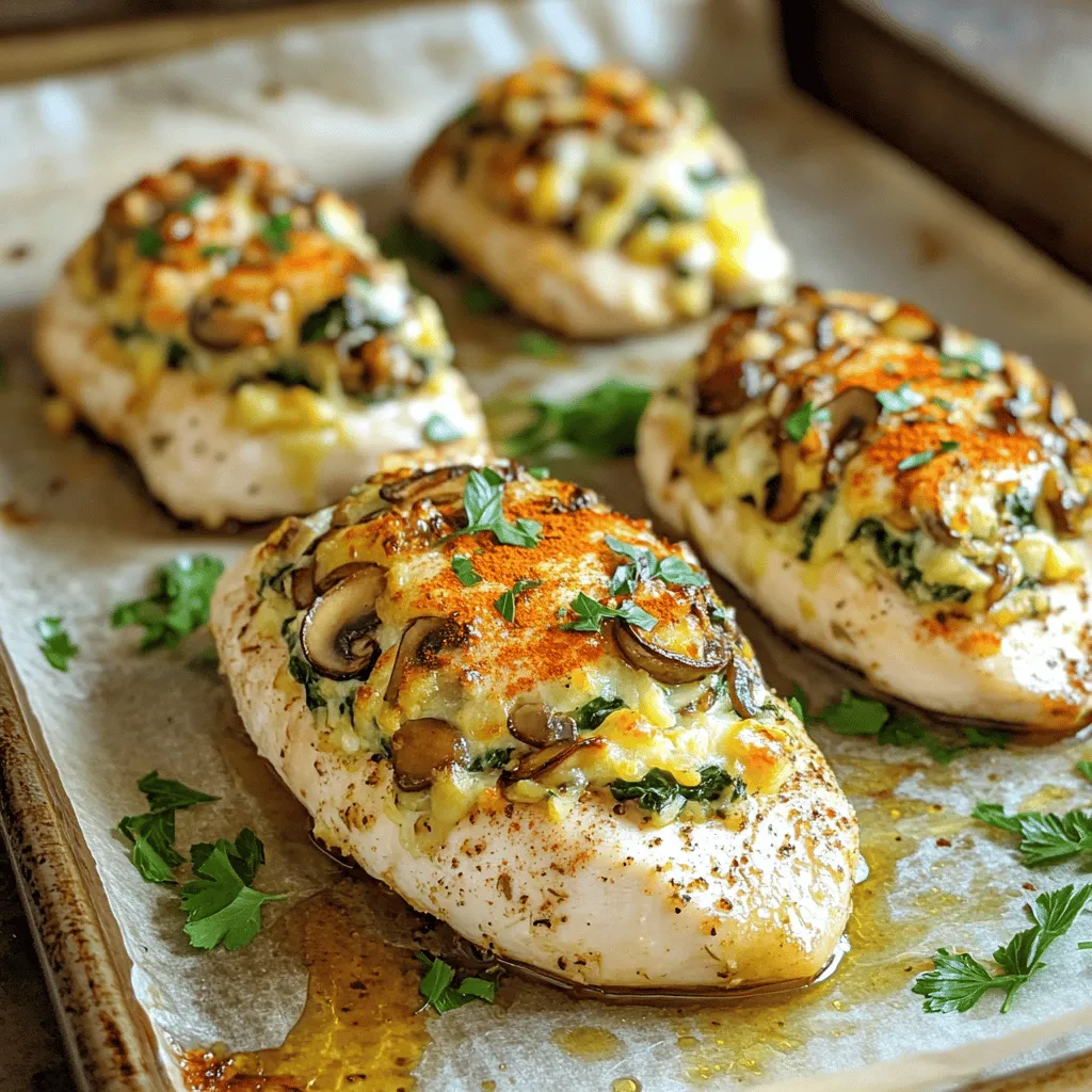 - 2 boneless, skinless chicken breasts - 1 cup mushrooms, finely chopped (such as cremini or button) - 1/2 cup spinach, chopped - 1/4 cup low-fat cream cheese, softened - 1/4 cup shredded low-fat mozzarella cheese - 1 clove garlic, minced - 1/4 teaspoon dried thyme - 1/4 teaspoon paprika - Salt and pepper to taste - 1 tablespoon olive oil - Fresh parsley, for garnish