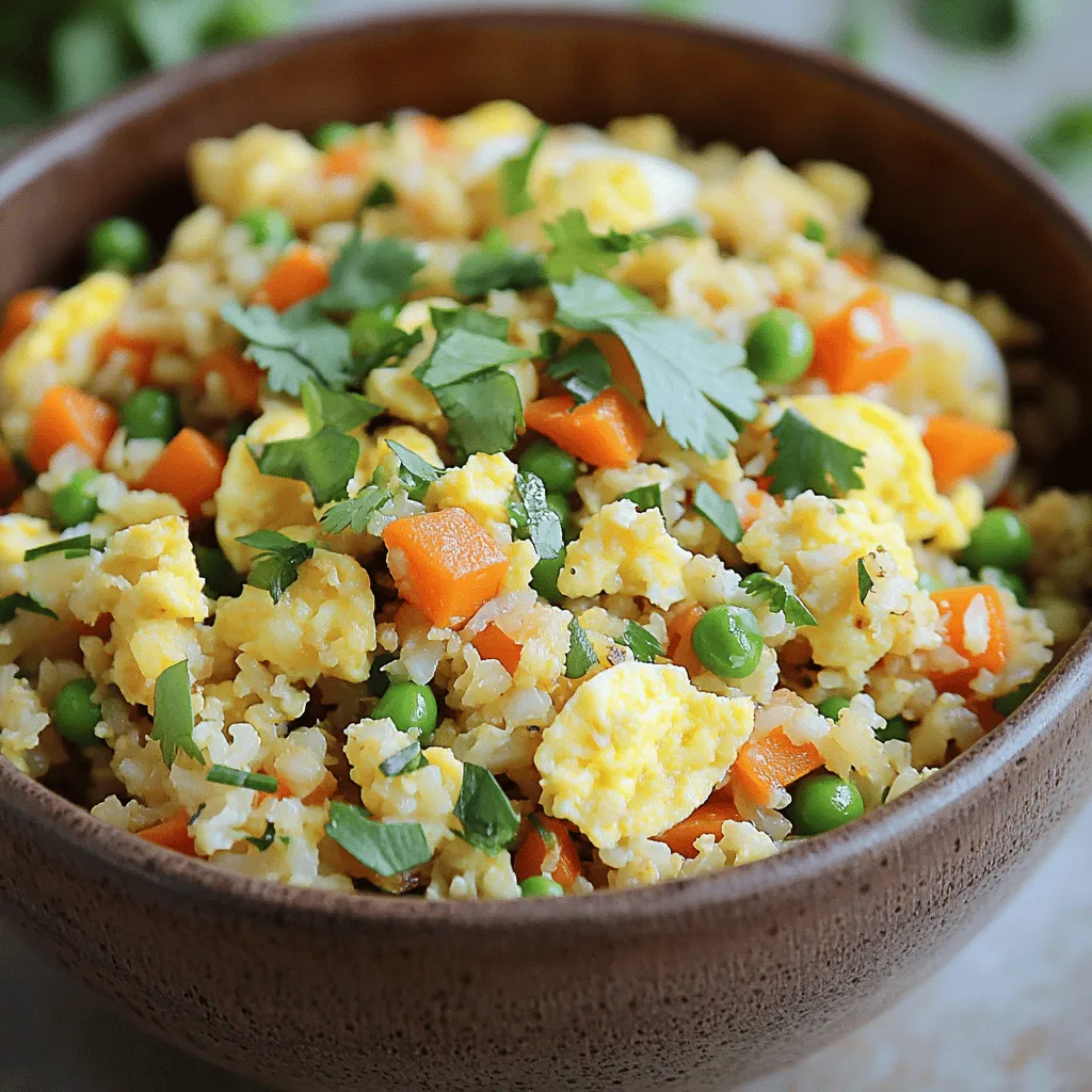 To make a great cauliflower fried rice recipe, you need a few key ingredients. First, the star is cauliflower. One medium head is perfect. You can turn it into rice-sized pieces by grating or processing it. This makes it a low-carb rice substitute.