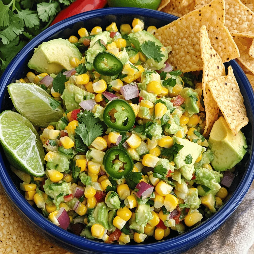 The avocado corn salsa recipe shines with fresh ingredients. You need ripe avocados, sweet corn, red bell pepper, and red onion. These ingredients create a vibrant mix. Each one adds its own special taste.