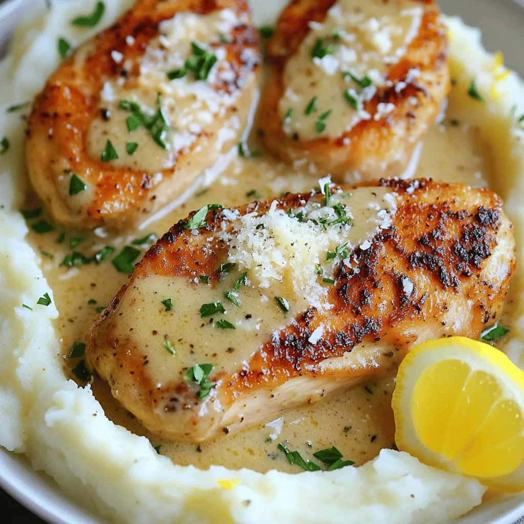 - 4 boneless, skinless chicken breasts - 5 cloves garlic, minced - 1 cup heavy cream - 1 cup chicken broth - 2 tablespoons olive oil - 1 teaspoon dried thyme - 1 teaspoon paprika - 1 tablespoon fresh parsley, chopped (for garnish) - Salt and pepper, to taste - 1/2 cup grated Parmesan cheese - 1 tablespoon lemon juice