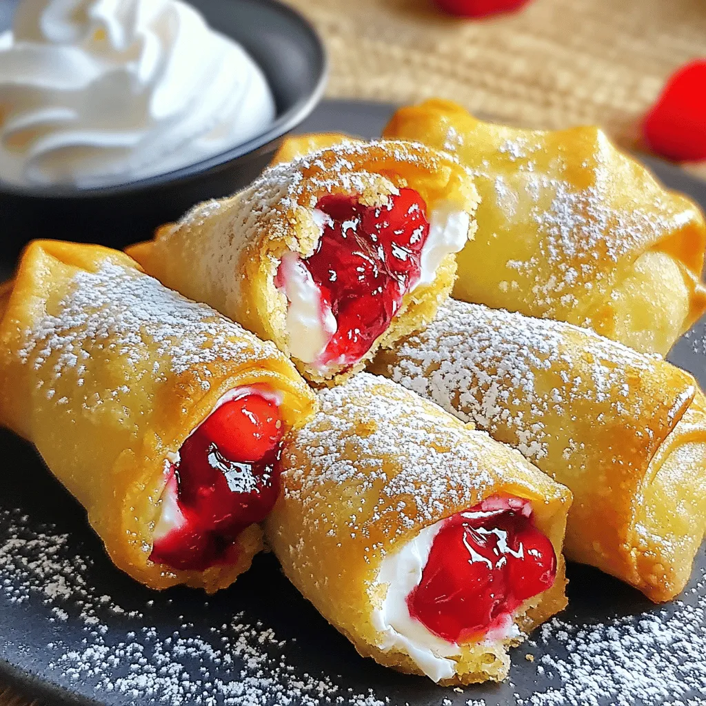 Cherry cheesecake egg rolls are a fun twist on classic cheesecake. They are crispy, sweet, and filled with creamy goodness. These treats combine the rich taste of cheesecake with the crunch of fried dough. You can enjoy them as a unique dessert or a fun snack.