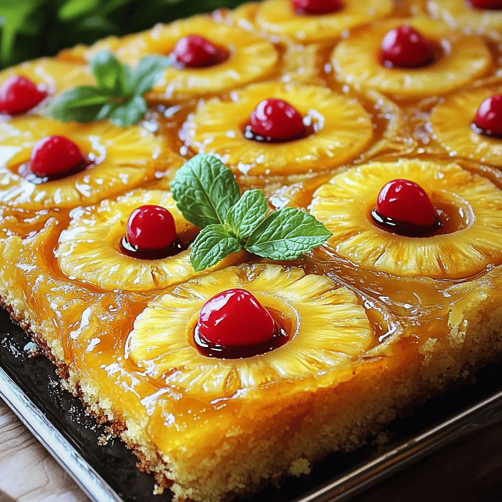 For a delicious pineapple upside-down cake, gather these simple items: - 1 can (20 oz) sliced pineapple in juice, drained - 1/2 cup unsalted butter, melted - 3/4 cup brown sugar - 1 cup all-purpose flour - 1 cup granulated sugar - 1/2 teaspoon baking powder - 1/2 teaspoon baking soda - 1/4 teaspoon salt - 1/2 cup milk - 2 large eggs - 1 teaspoon vanilla extract - Maraschino cherries for garnish