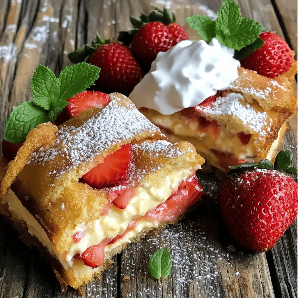 To make Fried Strawberry Cheesecake Sandwiches, gather the following items: - 8 slices of bread (egg bread or brioche recommended) - 1 cup cream cheese, softened - 1/2 cup powdered sugar - 1 teaspoon vanilla extract - 1 cup fresh strawberries, hulled and sliced - 1/4 teaspoon cinnamon - 1/2 cup all-purpose flour - 1 cup crushed cornflakes (for coating) - 2 large eggs, beaten - Oil for frying (vegetable or canola oil) - Whipped cream (for serving) - Optional: Extra strawberries and mint leaves for garnish