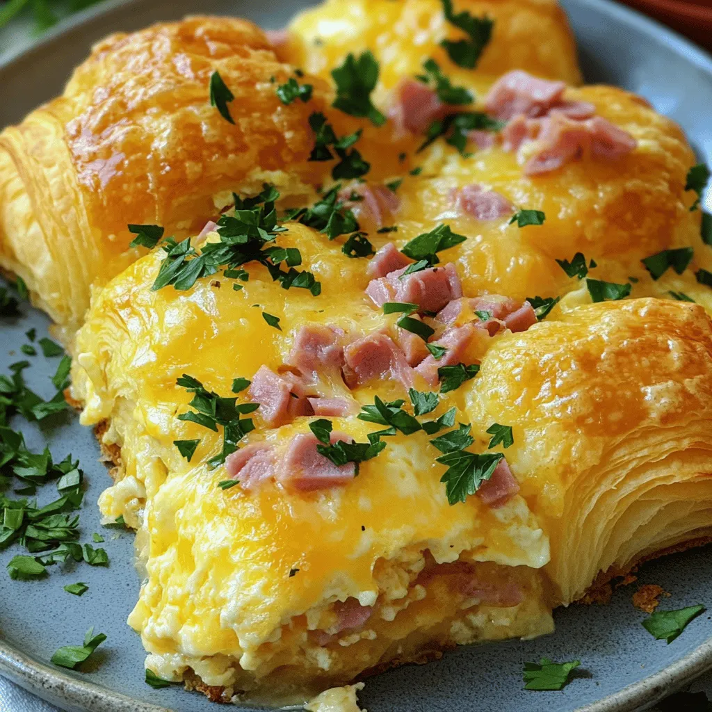 - 6 large croissants, cut into halves - 2 cups diced ham - 2 cups shredded cheese (Swiss or cheddar, or a mix)