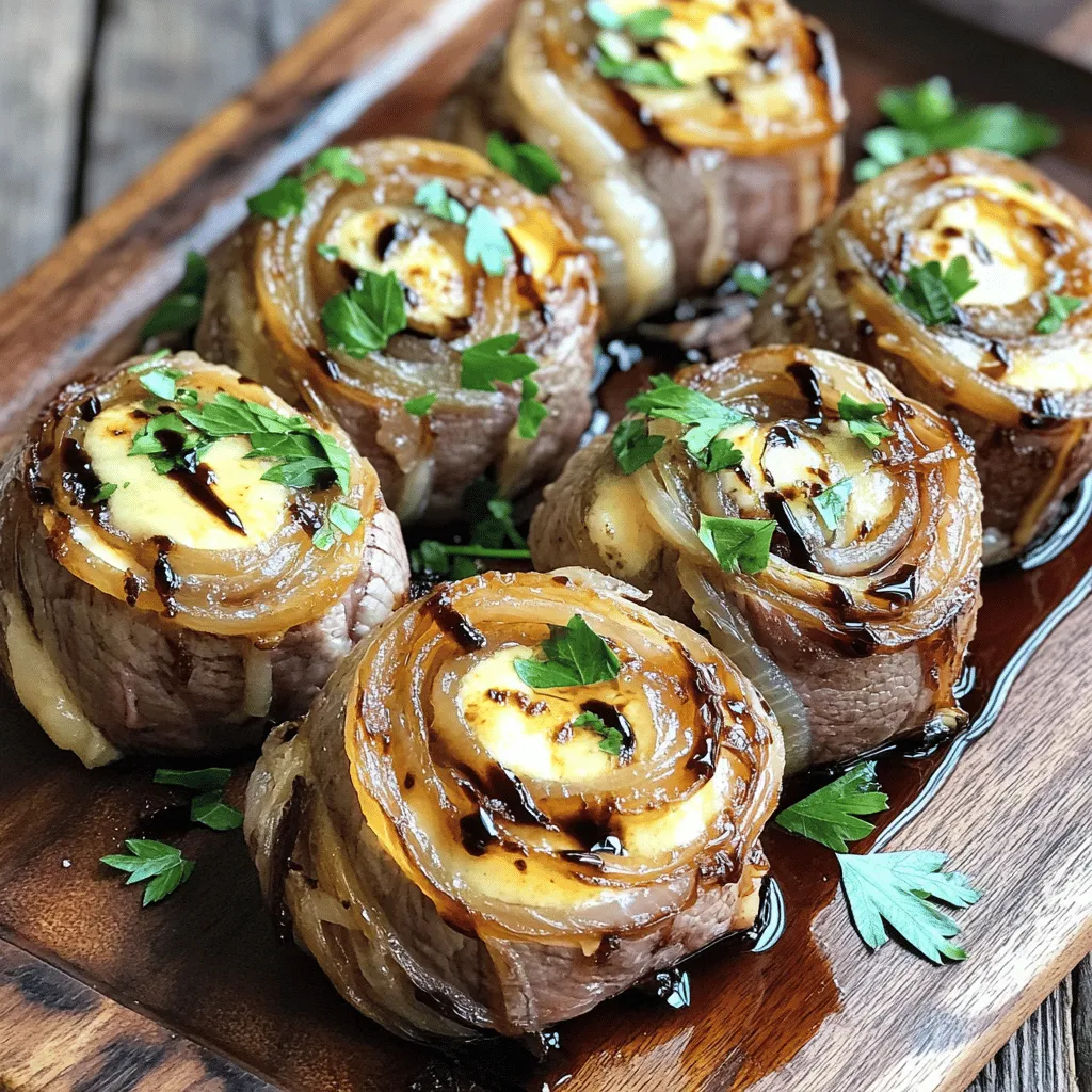 To make French onion steak pinwheels, you need a few key ingredients. First, use 1 pound of flank steak. This cut works well because it’s tender when cooked right. Next, you need one large onion. Slice it thin for even cooking. Olive oil helps caramelize the onions, giving them a sweet flavor.