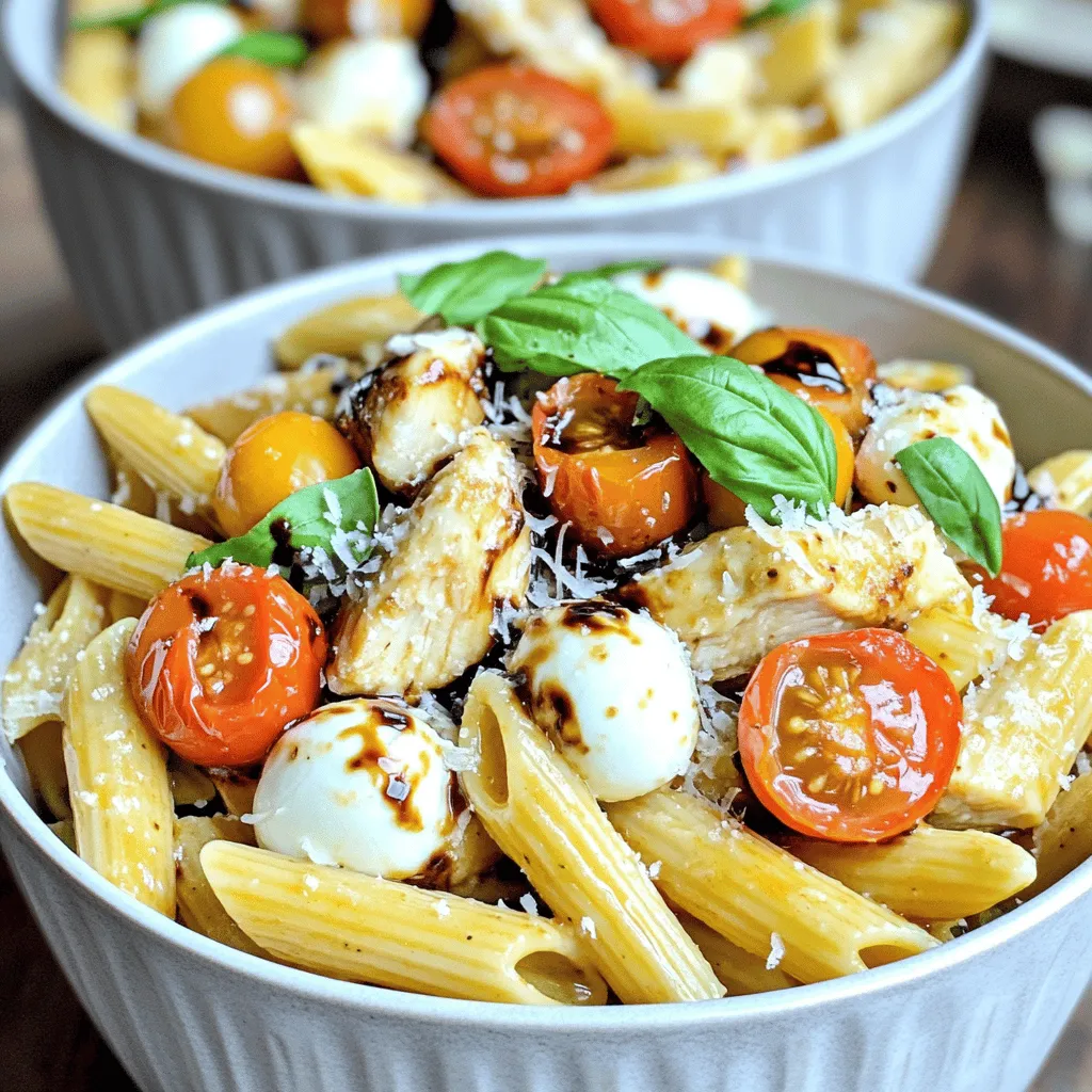 To make delicious bruschetta chicken pasta, you need some simple yet tasty ingredients. Start with two diced chicken breasts. They give the dish a nice protein boost. Next, add eight ounces of penne pasta. This pasta shape holds the sauce well. Then, grab a cup of halved cherry tomatoes. Their sweetness adds a pop of flavor. You also need half a cup of fresh basil, three minced garlic cloves, and a quarter cup of balsamic glaze. These ingredients make the dish fresh and vibrant. You can’t forget about olive oil, salt, and pepper. Lastly, include fresh mozzarella balls and some grated Parmesan cheese for topping.