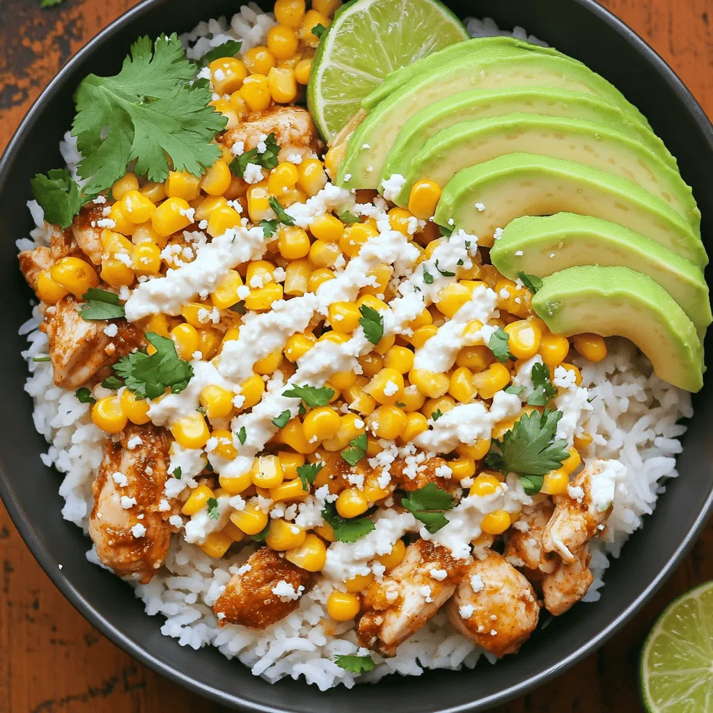 To make a street corn chicken rice bowl, you need a few key ingredients. First, choose your rice. I love using jasmine rice for its fluffy texture and nice aroma. It pairs well with the other flavors in this dish.