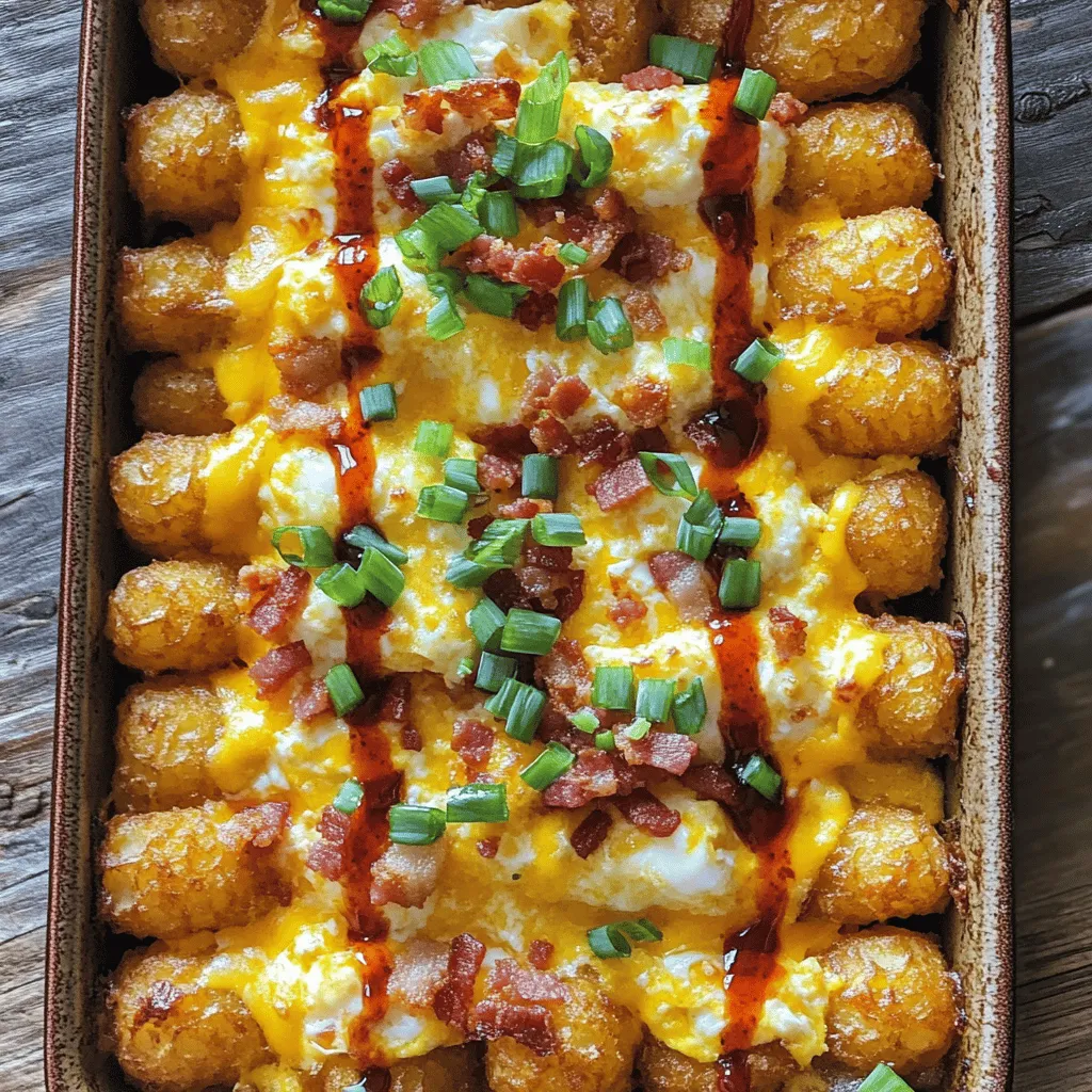 - 1 (32 oz) bag frozen tater tots - 8 large eggs - 1 cup milk - 1 cup shredded cheddar cheese - 1 cup cooked and crumbled bacon (or sausage)