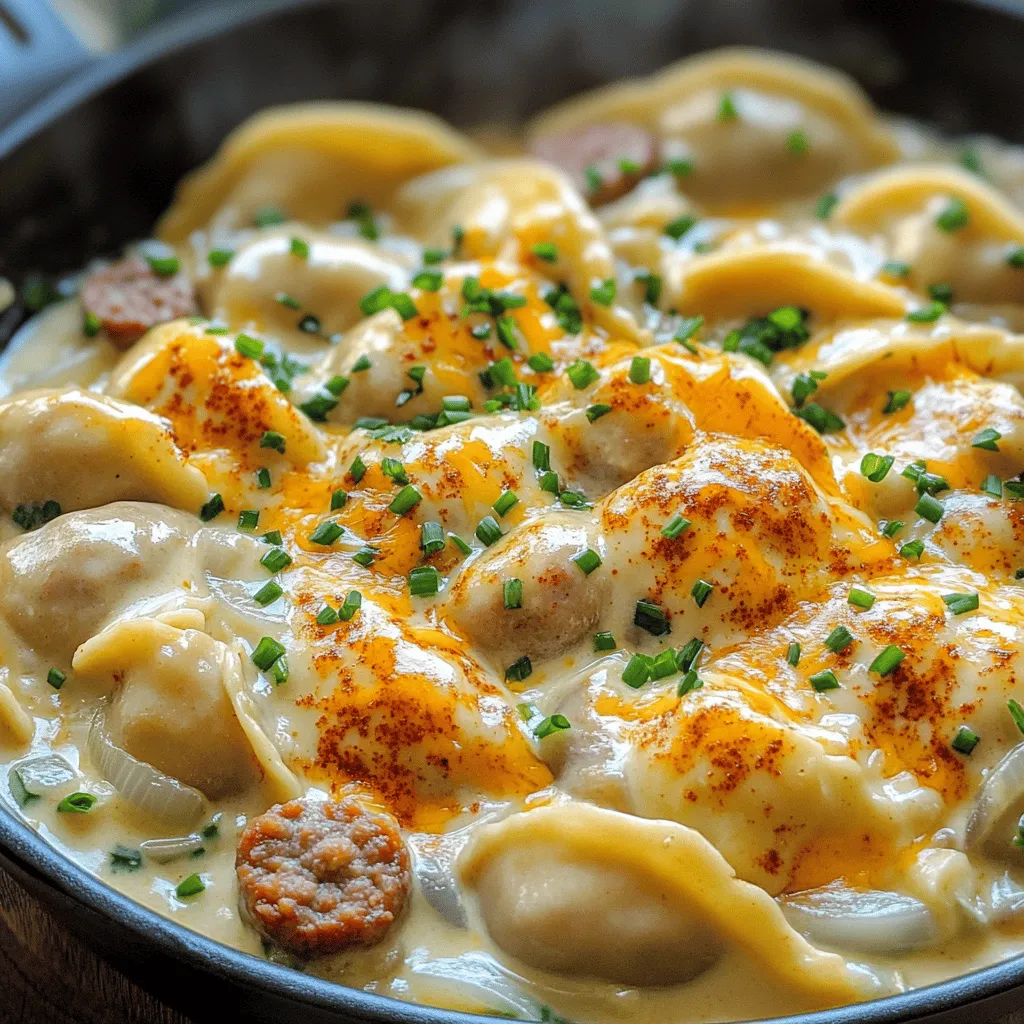 To make a creamy pierogi and turkey sausage skillet, you need a few key items. Start with a package of frozen pierogi, about 16 ounces. You can choose cheese and potato or your favorite filling. You also need one pound of turkey sausage, sliced into rounds. A medium onion, chopped, adds great flavor. Don’t forget two cloves of garlic, minced, for a nice kick. You’ll also need one cup of heavy cream and half a cup of chicken broth. For cheese lovers, one cup of shredded sharp cheddar cheese is a must. Lastly, grab one tablespoon of olive oil, one teaspoon of smoked paprika, and season with salt and pepper. Fresh chives, chopped, are perfect for garnishing.