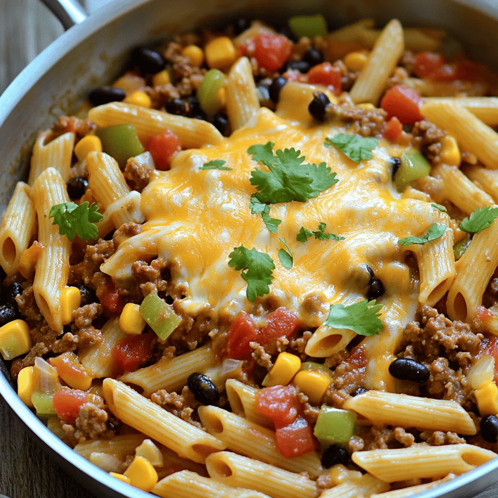 - 8 oz (225 g) penne pasta - 1 lb (450 g) ground beef - 1 medium onion, diced - 3 cloves garlic, minced - 1 red bell pepper, diced - 1 can (15 oz) black beans, rinsed and drained - 1 can (15 oz) diced tomatoes with green chilies - 1 cup corn kernels (fresh or frozen) - 2 teaspoons chili powder - 1 teaspoon cumin - 1/2 teaspoon smoked paprika - Salt and pepper to taste - 1 cup shredded cheddar cheese - Fresh cilantro or parsley, for garnish