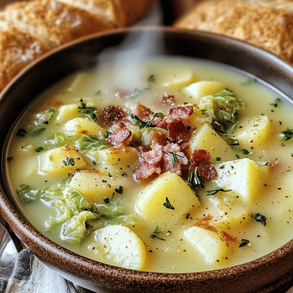Irish Bacon, Cabbage, and Potato Soup is a warm hug in a bowl. The key ingredients make this soup rich and flavorful.