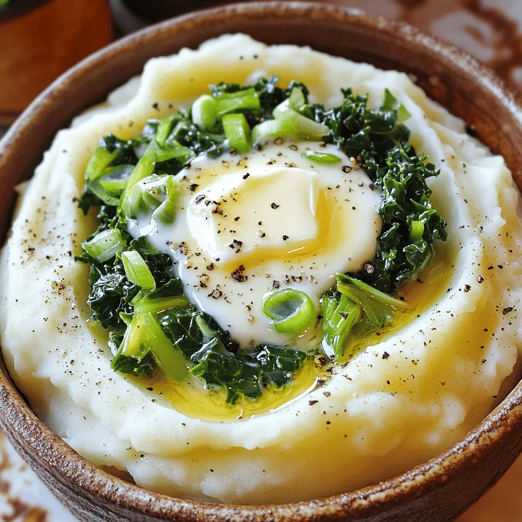 The main ingredients for colcannon are simple yet flavorful. You start with potatoes, usually Russet or Yukon Gold. These potatoes have the right texture for a creamy mash. You will need about 1 pound or 450 grams.