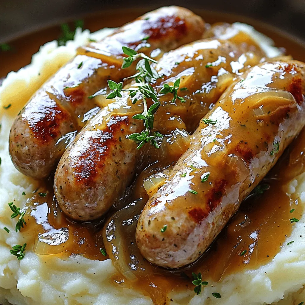 - 8 British pork sausages (preferably herbed) - 4 large russet potatoes, peeled and chopped - 1/2 cup milk - 4 tablespoons unsalted butter