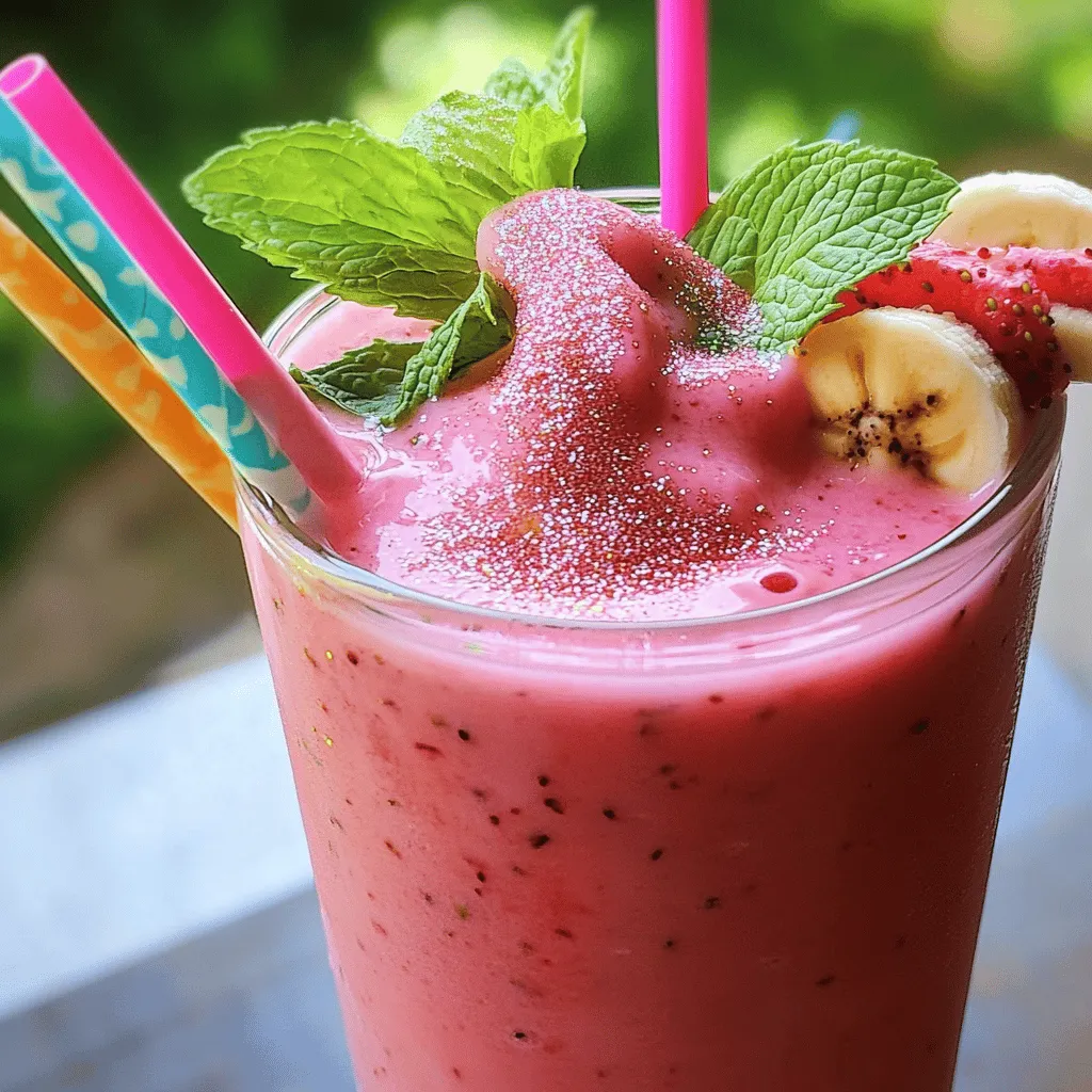 To make the pink flamingo colada recipe, gather fresh and vibrant ingredients. You’ll need 1 cup of frozen strawberries. These bring a bright color and sweet taste. Next, grab 1 ripe banana for creaminess. This fruit adds a rich texture and flavor.